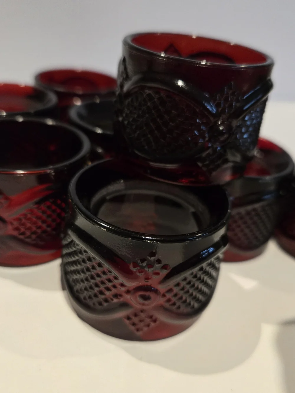 Avon 1876 Cape Cod Ruby Red Napkin Rings, Vintage, Set of 9 Glass Holders